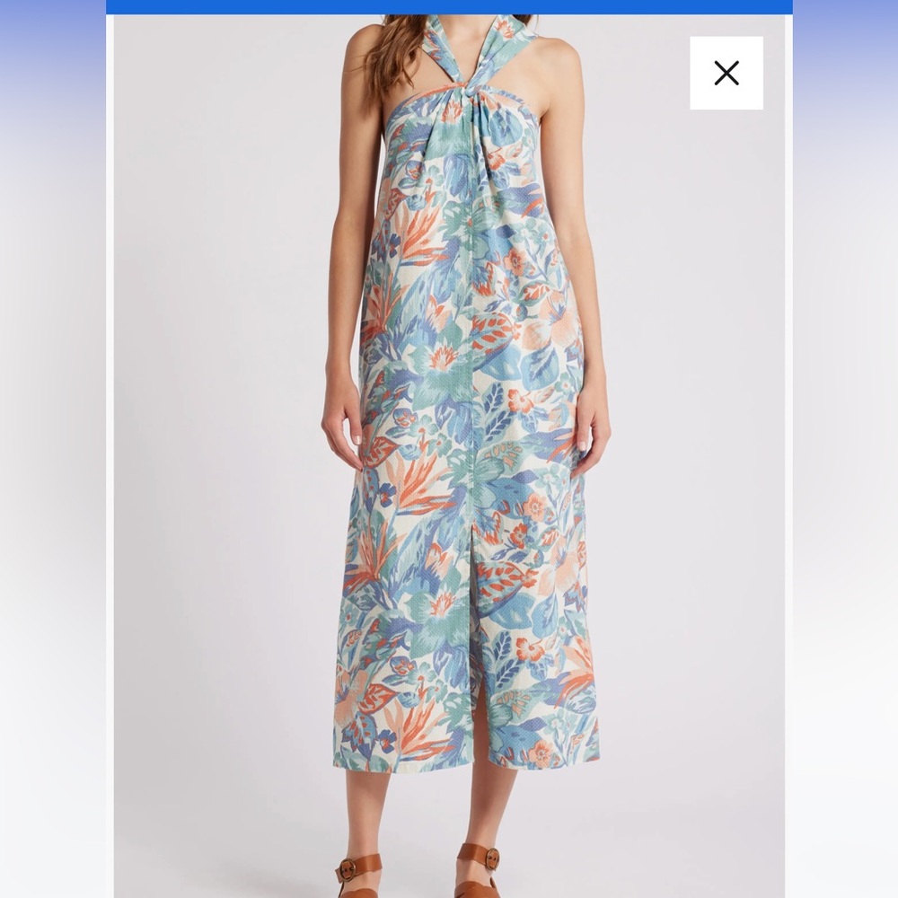 Faherty Bay Twist Seersucker Midi Halter Dress with Slit Paradise Blossom Large